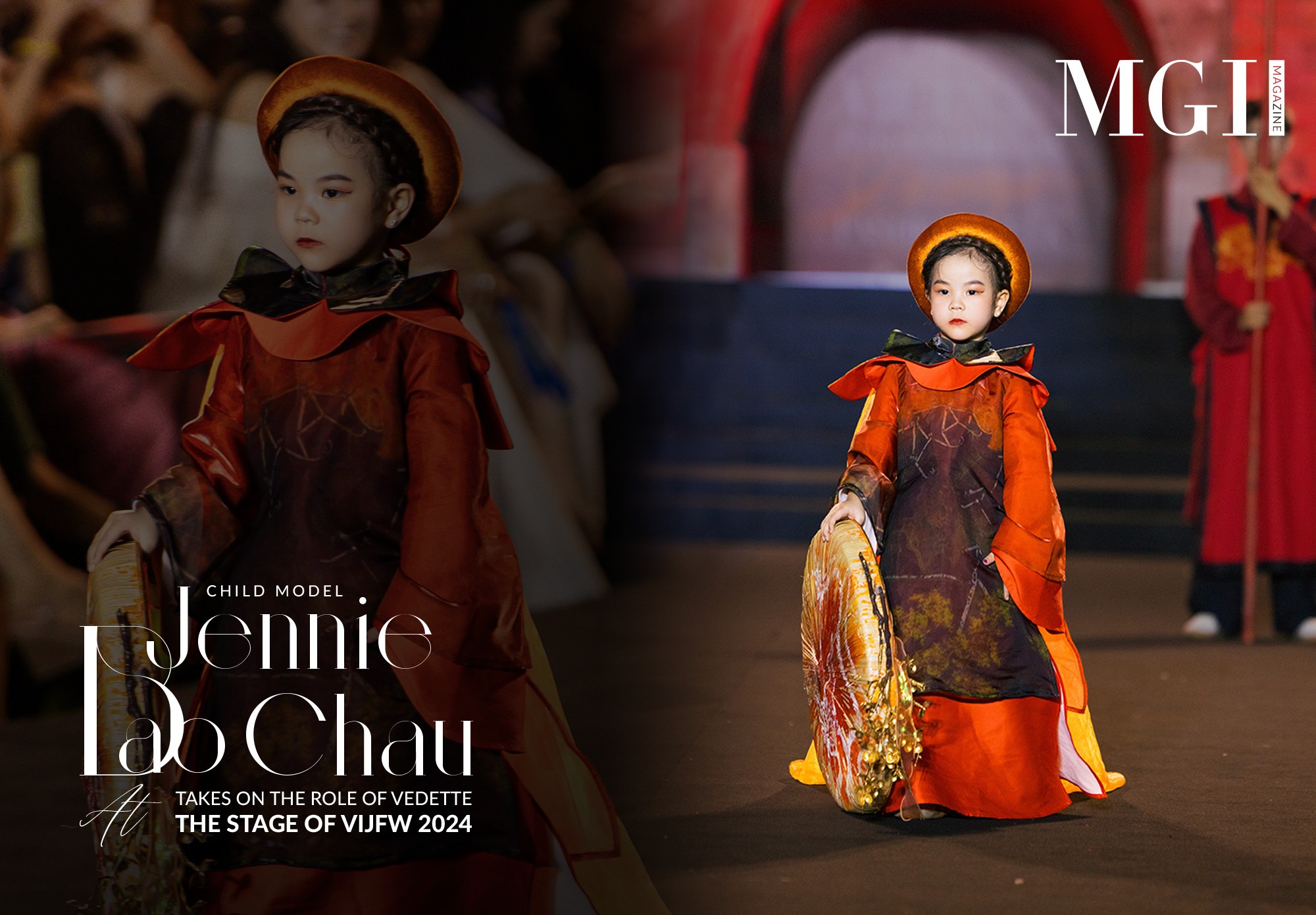 Child model Jennie Bao Chau takes on the role of Vedette at the stage of Vietnam International Junior Fashion Week 2024