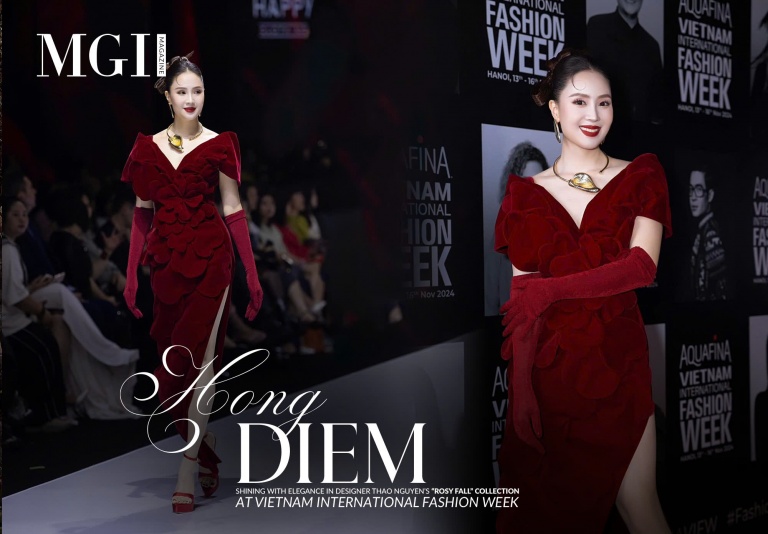 Hong Diem shining with elegance in designer Thao Nguyen’s “Rosy Fall” collection at Vietnam International Fashion Week