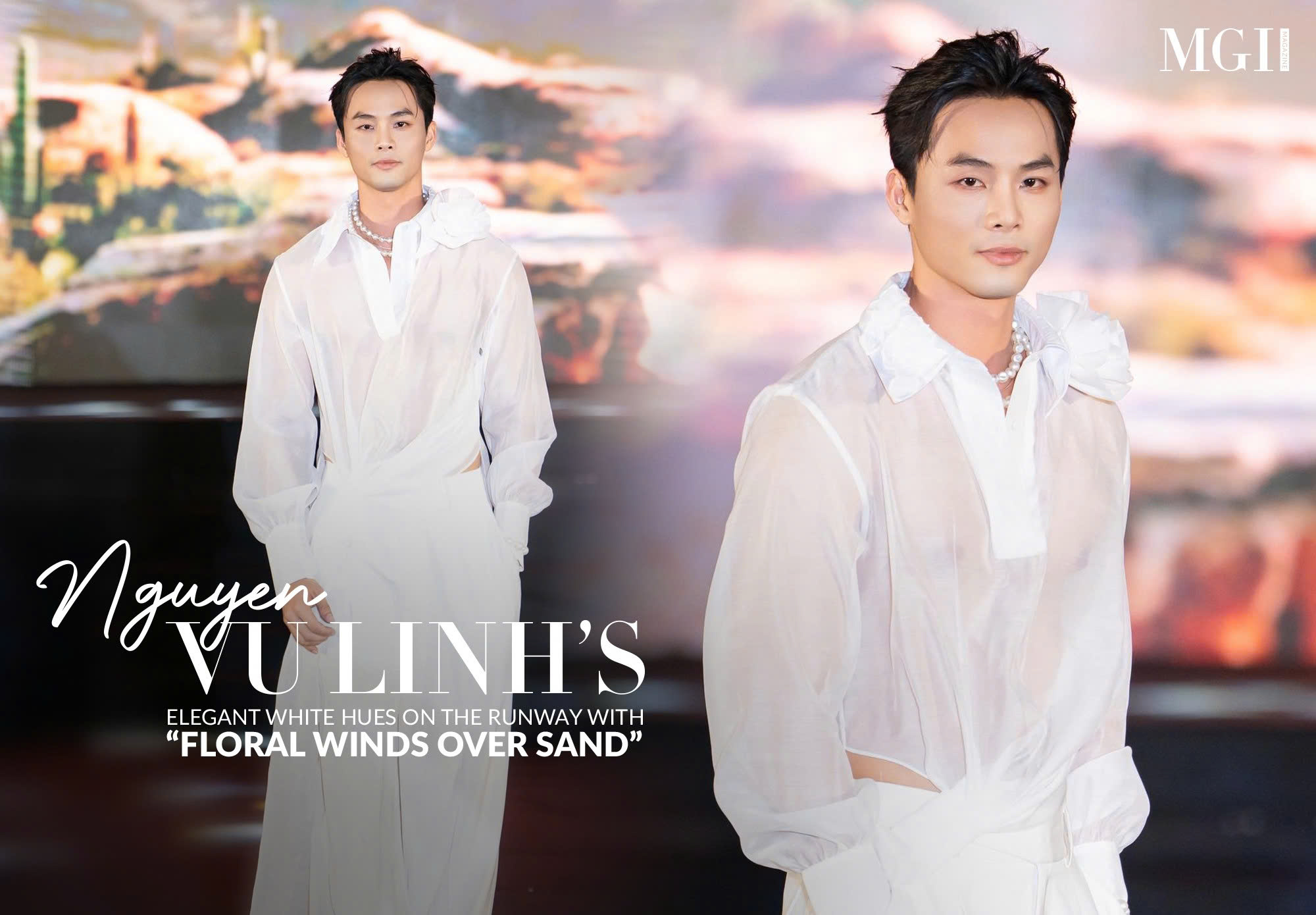 Nguyen Vu Linh’s elegant white hues on the runway with “Floral Winds Over Sand”