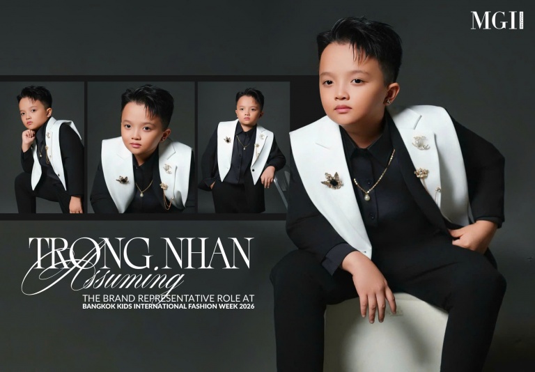 Trong Nhan assuming the brand representative role at Bangkok Kids International Fashion Week 2026